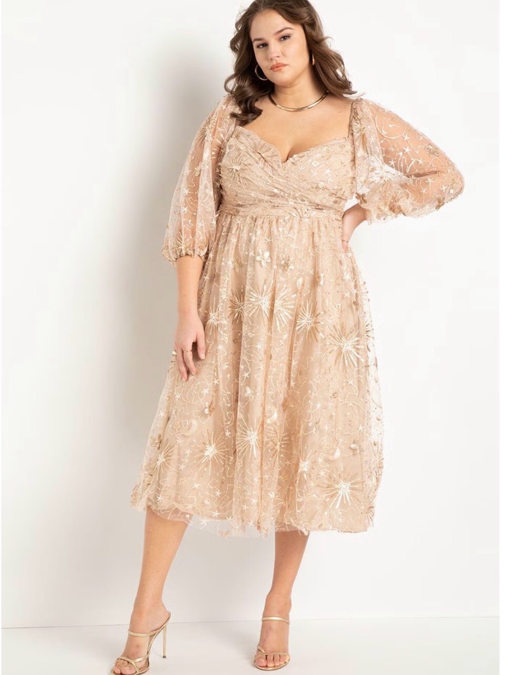 Embellished Mesh Midi Dress